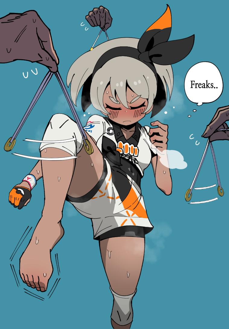 1girl, abs, barefoot, black_gloves, blue_background, bodysuit, breath, closed_eyes, coin, covered_navel, dark_skin, english_text, gloves, grey_hair, hair_between_eyes, hairband, leg_up, pokemon, pokemon_(game), pokemon_swsh, ribbon, saitou_(pokemon), shirt, short_hair, short_sleeves, shorts, simple_background, standing, standing_on_one_leg, steam, sweat, toned, white_shirt, wootsang, wristband