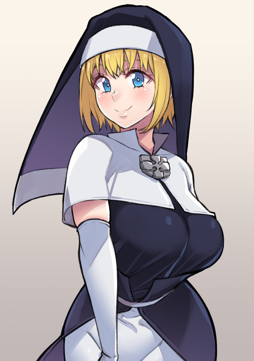 1girl, bl00d_h00d, blonde_hair, blue_eyes, elbow_gloves, gloves, highres, iris_(enen_no_shoubotai), lips, nun, portrait, short_hair, smile, solo, upper_body, white_gloves