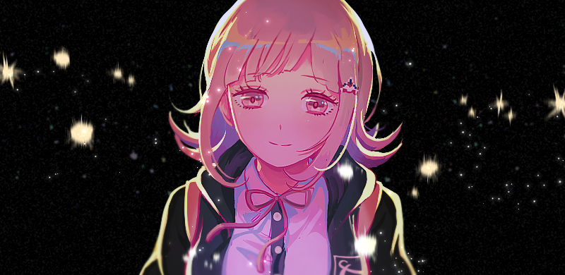 1girl, breasts, chizu_(cheese), commentary_request, dangan_ronpa, dark_background, eyebrows_visible_through_hair, flipped_hair