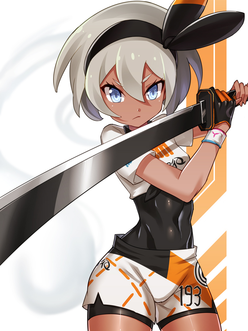 1girl, bangs, black_gloves, black_hairband, black_ribbon, blue_eyes, breasts, clothes_writing