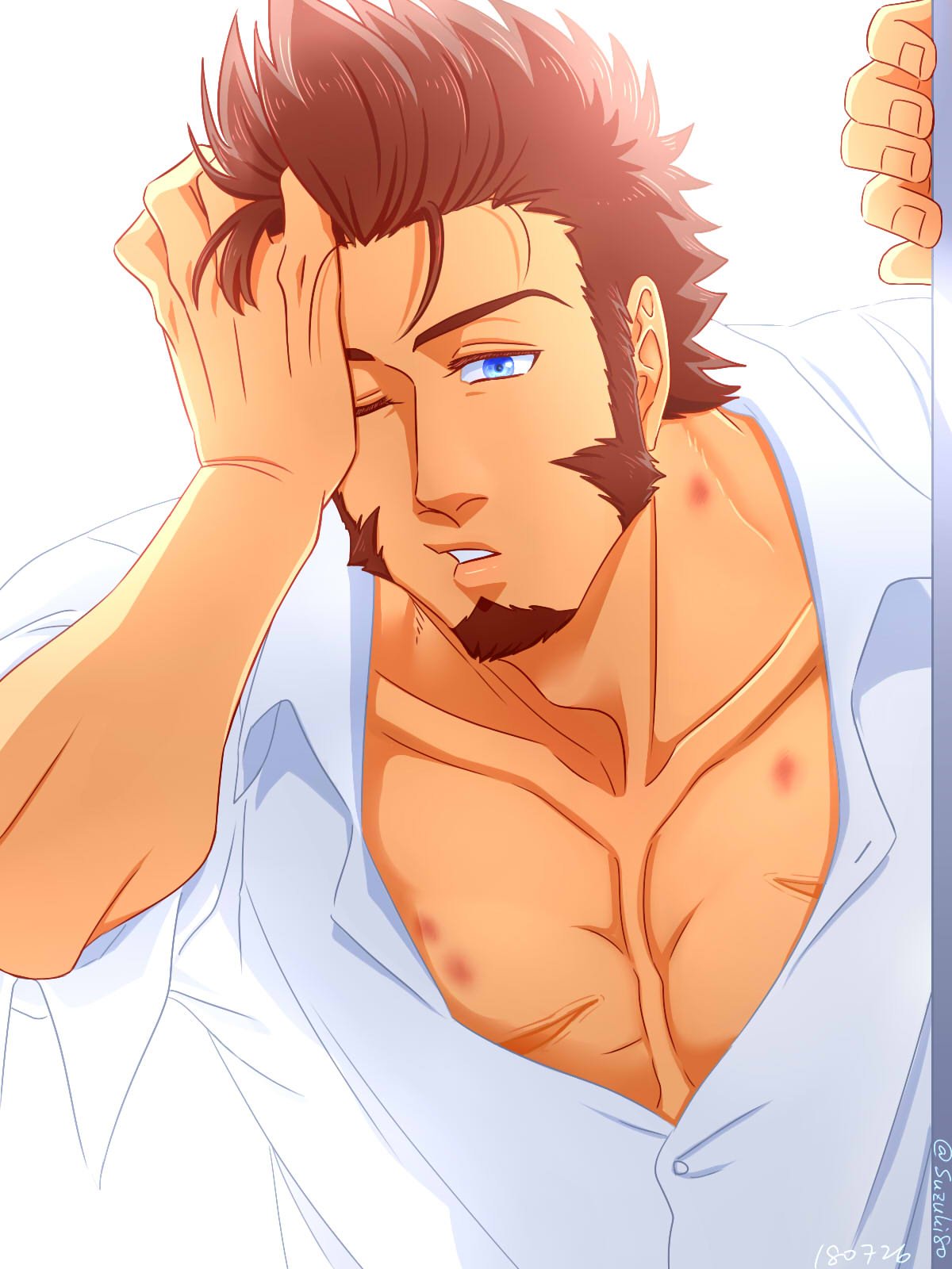 1boy, :o, beard, blue_eyes, brown_hair, chest, facial_hair, fate/grand_order