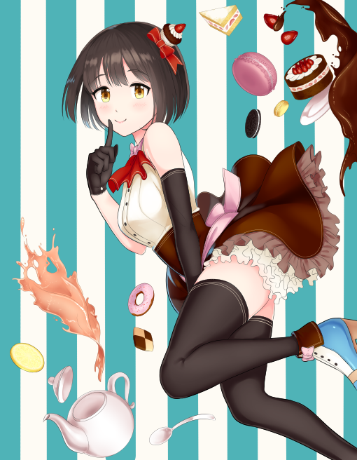 1girl, ara_ssmjnkosam_-key2321, asymmetrical_gloves, bare_shoulders, black_gloves, black_legwear, blue_footwear, blush