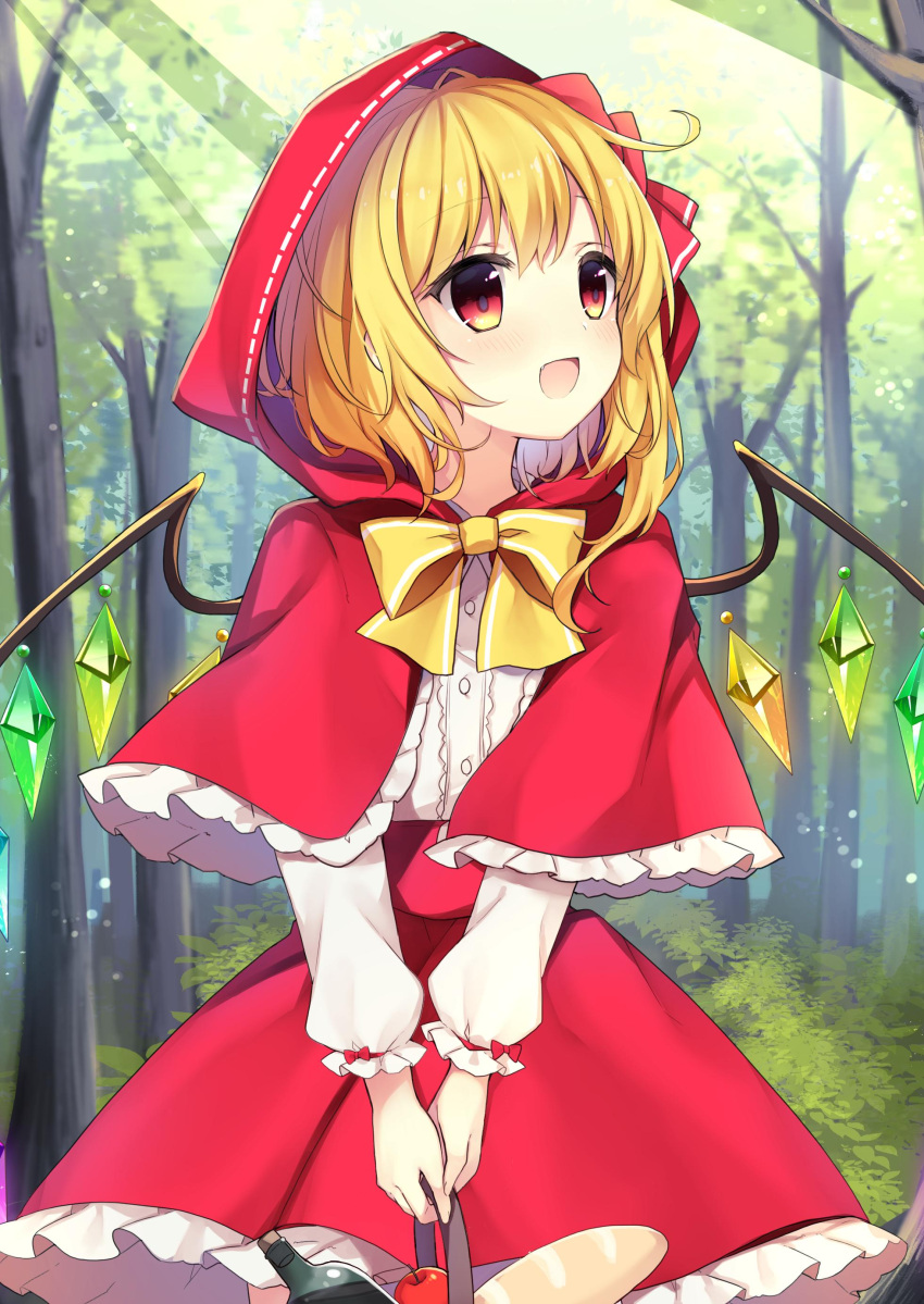 1girl, absurdres, apple, basket, blonde_hair, blush, bottle, bow