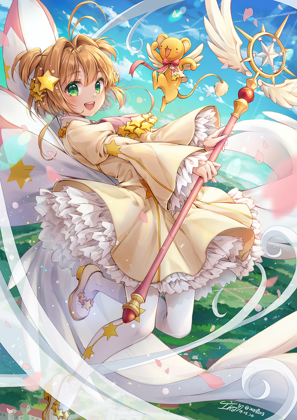 1girl, 1other, animal, antenna_hair, bear, brown_hair, cardcaptor_sakura, clouds, commentary_request, day, dress, eyebrows_visible_through_hair, frills, green_eyes, hair_intakes, hair_ornament, highres, holding, holding_staff, ika_(4801055), kero, kinomoto_sakura, kodansha, looking_at_viewer, madhouse_(studio), magical_girl, outdoors, shoes, short_hair, smile, staff, star, star_hair_ornament, tv_tokyo, twintails, upper_teeth, white_legwear, wings