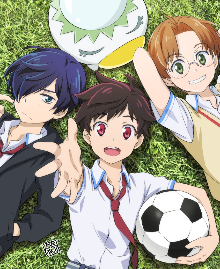 3boys, ace_suzuki, ball, blue_eyes, blue_hair, brown_hair, from_above, glasses