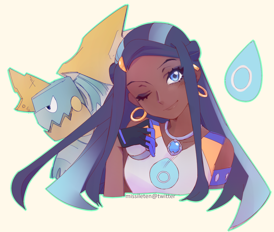 1girl, ;), aqua_outline, black_hair, blue_eyes, blue_hair, closed_mouth, dark_skin