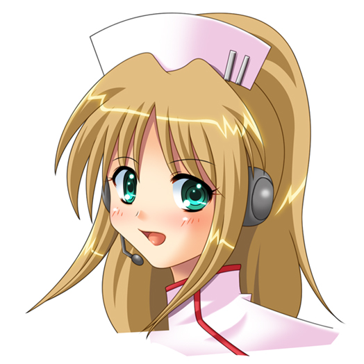 angie_thompson, blush, chou_shittou_caduceus, close-up, green_eyes, hat, headset, long_hair