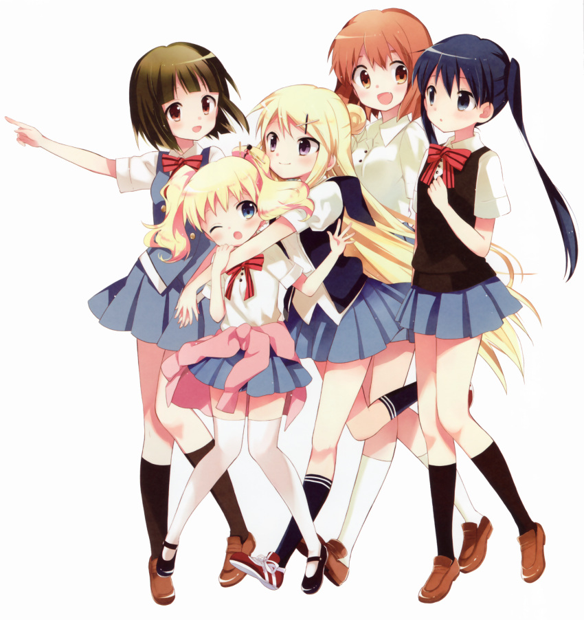 5girls, :d, ;o, alice_cartelet, black_hair, black_legwear, blonde_hair, blue_eyes