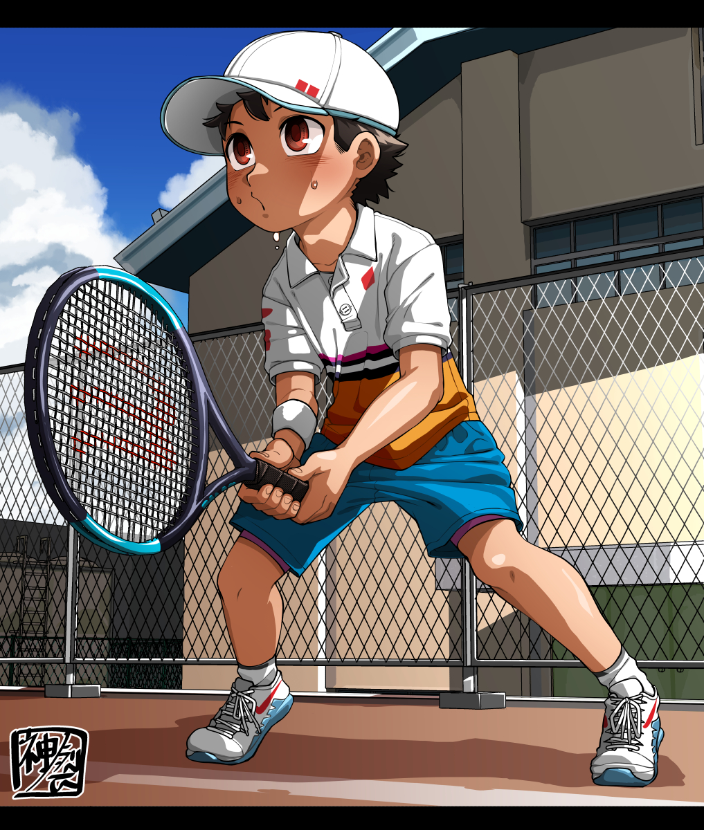 1boy, baseball_cap, brown_hair, fence, hat, highres, kaminosaki1, open_mouth, original, outdoors, racket, red_eyes, shoes, shorts, sneakers, sportswear, sweatdrop, tennis, tennis_court, tennis_racket, tennis_uniform