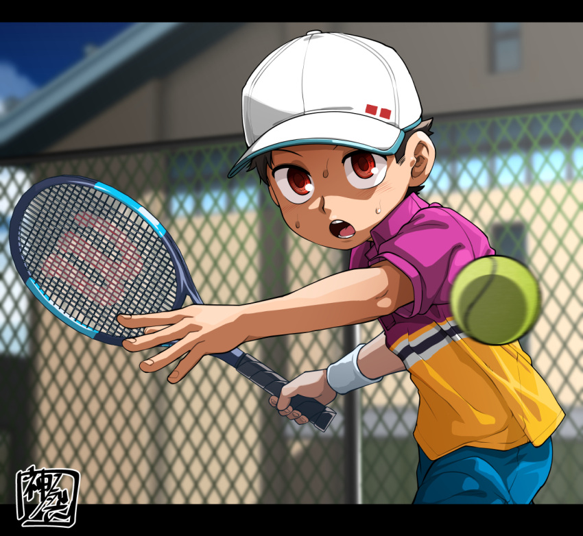 1boy, ball, baseball_cap, brown_hair, fence, hat, kaminosaki1, open_mouth, original, outdoors, racket, red_eyes, shorts, sportswear, sweatdrop, tennis, tennis_ball, tennis_court, tennis_racket, tennis_uniform