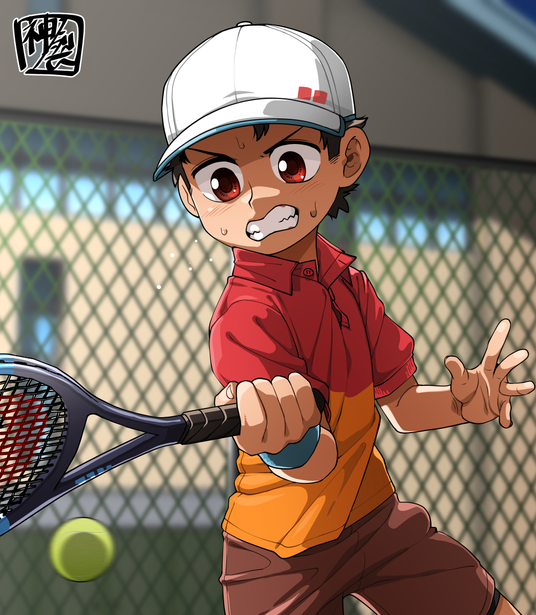 1boy, ball, baseball_cap, brown_hair, fence, hat, highres, kaminosaki1