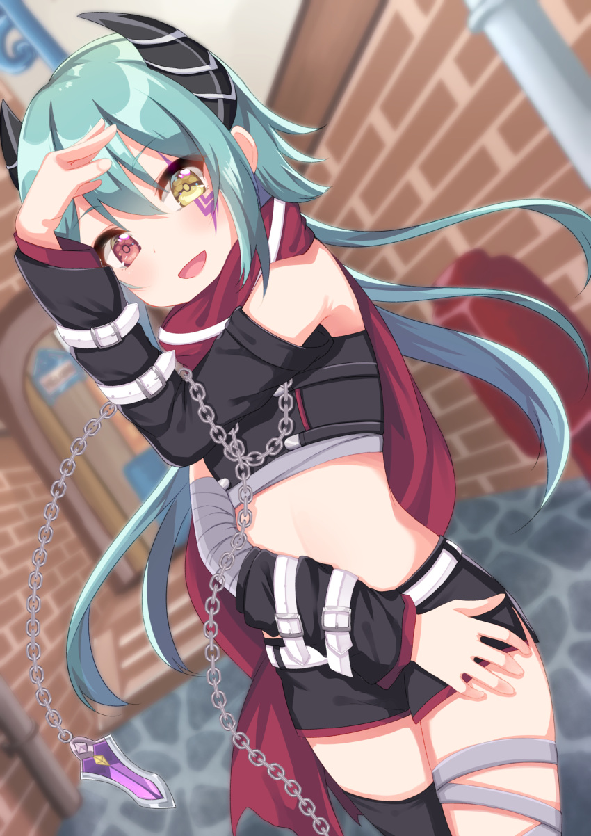1girl, :d, arm_up, bangs, belt, belt_buckle, black_legwear, black_shirt
