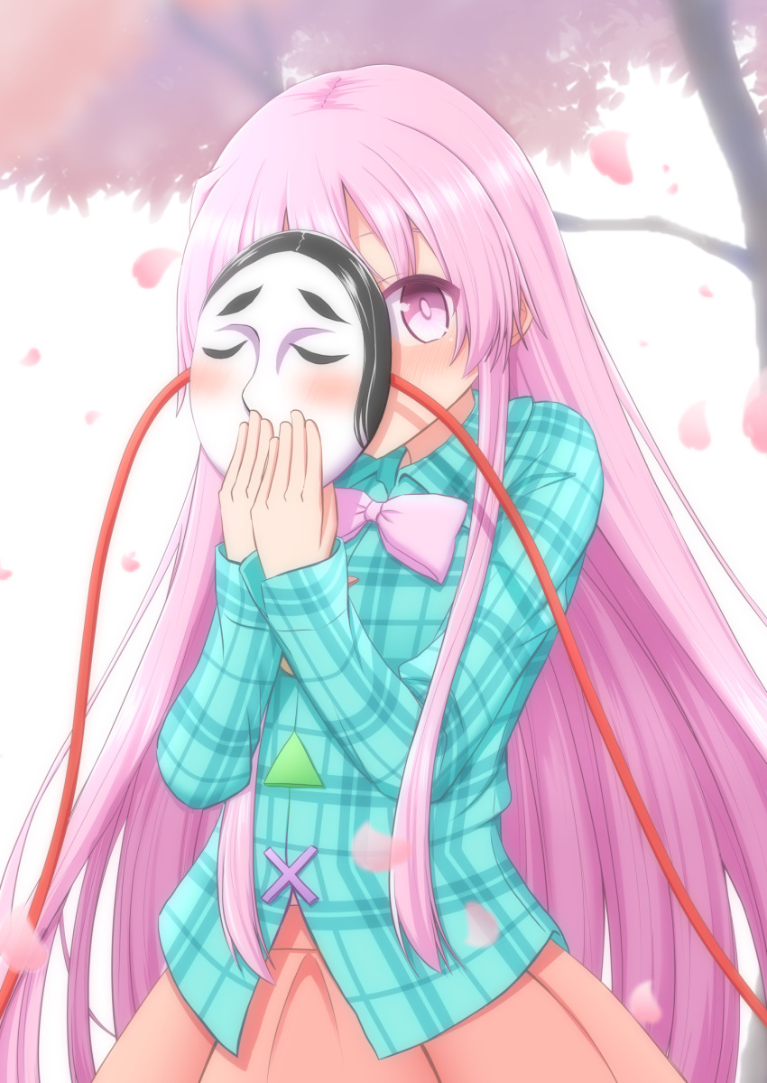 1girl, blue_shirt, blurry, blush, bow, bowtie, cherry_blossoms, commentary_request