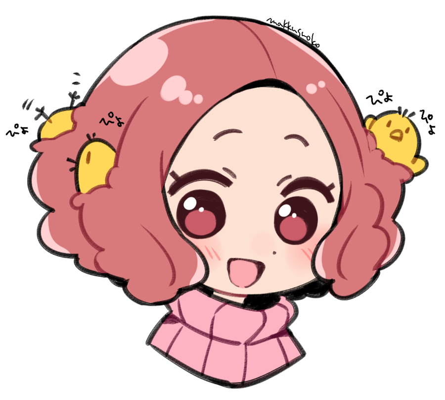 1girl, 3others, :d, artist_name, atlus, bird, blush, brown_eyes