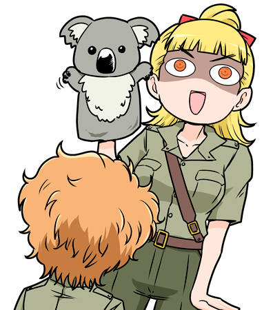 2girls, aozora_pou, bangs, blonde_hair, blunt_bangs, girls_und_panzer, hair_ribbon, hand_puppet, kamonohashi_(girls_und_panzer), koala, koala_forest_military_uniform, long_hair, lowres, messy_hair, multiple_girls, orange_hair, ponytail, puppet, ribbon, shaded_face, short_hair, short_sleeves, simple_background, wallaby_(girls_und_panzer), white_background