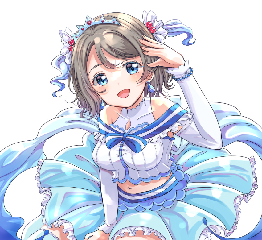 1girl, :d, arm_up, bangs, bead_bracelet, beads, blue_eyes, blue_legwear