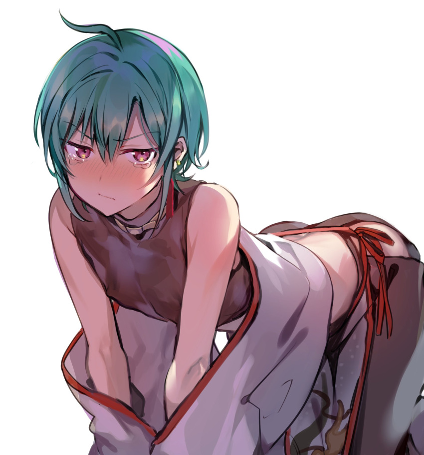 1other, ahoge, all_fours, androgynous, bare_hips, bare_shoulders, blush, chinese_clothes