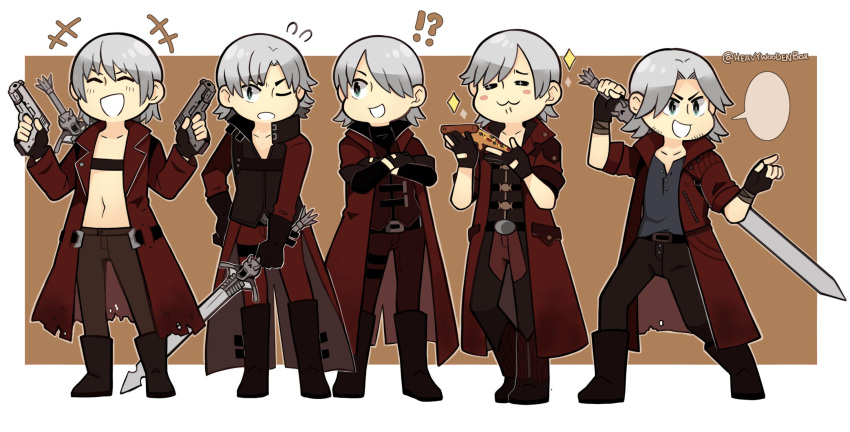 1boy, :3, belt, dante_(devil_may_cry), devil_may_cry, devil_may_cry_(series), devil_may_cry_1, devil_may_cry_2, devil_may_cry_3, devil_may_cry_4, devil_may_cry_5, fingerless_gloves, food, gloves, gun, hair_over_one_eye, heavywoodenbox, highres, jacket, male_focus, multiple_persona, over_shoulder, pizza, red_jacket, shirt_tucked_in, silver_hair, smile, standing, sword, weapon, weapon_on_back, weapon_over_shoulder