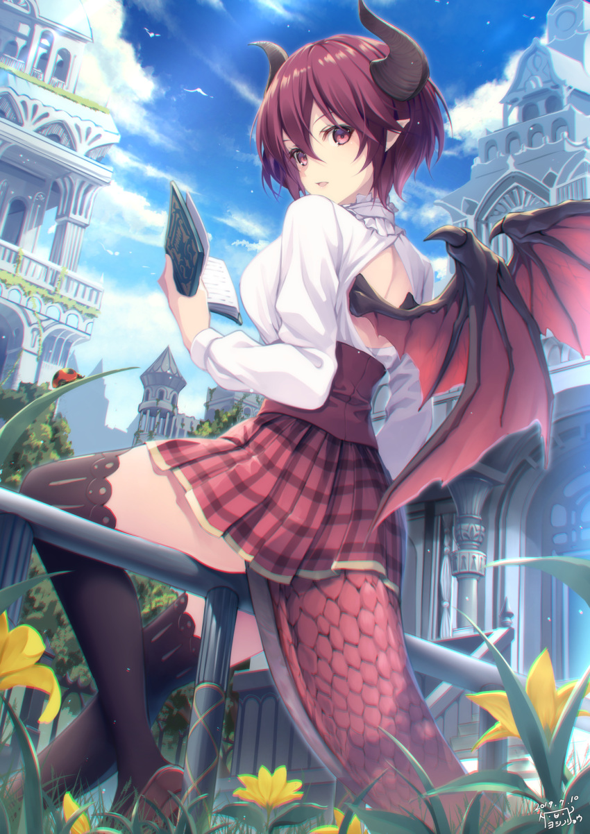 1girl, ahoge, back_cutout, black_legwear, blue_sky, blush, book, breasts, brown_footwear, building, clouds, dated, day, dragon_girl, dragon_horns, dragon_tail, dragon_wings, grea_(shingeki_no_bahamut), hair_between_eyes, highres, holding, holding_book, horns, large_breasts, loafers, looking_at_viewer, moss, open_mouth, outdoors, plaid, plaid_skirt, pleated_skirt, pointy_ears, purple_hair, red_eyes, shingeki_no_bahamut, shirt, shoes, short_hair, signature, sitting, sitting_on_railing, skirt, sky, solo, tail, thigh-highs, white_shirt, wings, yoshino_ryou