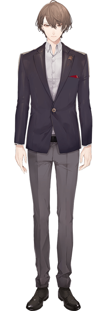 1boy, bangs, belt, black_footwear, black_jacket, black_pants, brown_eyes, brown_hair, business_suit, buttons, closed_mouth, earrings, emblem, formal, full_body, fuyuomi, hair_between_eyes, jacket, jewelry, kagami_hayato, long_sleeves, looking_at_viewer, nijisanji, pants, pocket_square, shirt, standing, suit, tachi-e, transparent_background, virtual_youtuber, watch, white_shirt