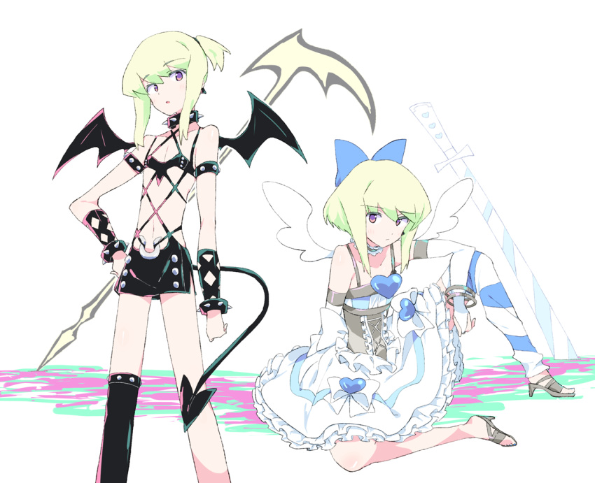 1boy, angel, bat_wings, blonde_hair, blue_eyes, blush, cosplay, crossdressinging
