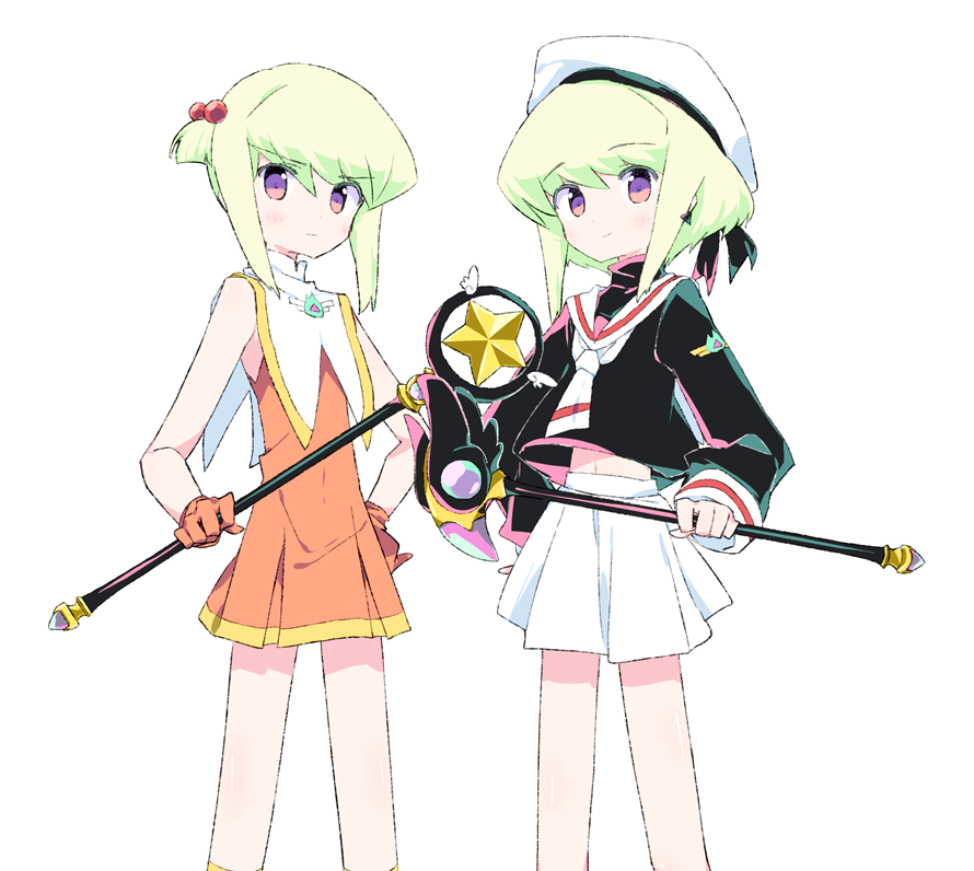 1boy, blonde_hair, blush, cardcaptor_sakura, cheerleader, cosplay, crop_top, crop_top_overhang, crossdressinging, dress, earrings, fuuin_no_tsue, gloves, green_hair, hat, jacket, jewelry, kinomoto_sakura, kinomoto_sakura_(cosplay), lio_fotia, looking_at_viewer, magical_girl, male_focus, midriff, miniskirt, otakebi, otoko_no_ko, pom_poms, promare, school_uniform, shoes, short_hair, skirt, sleeveless, smile, sneakers, solo, staff, tomoeda_elementary_school_uniform, violet_eyes, wand, white_background, white_gloves