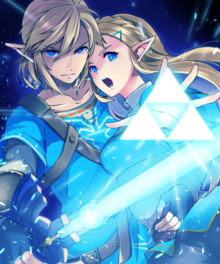 1boy, 1girl, ataka_takeru, black_gloves, blonde_hair, blue_eyes, blue_shirt, braid