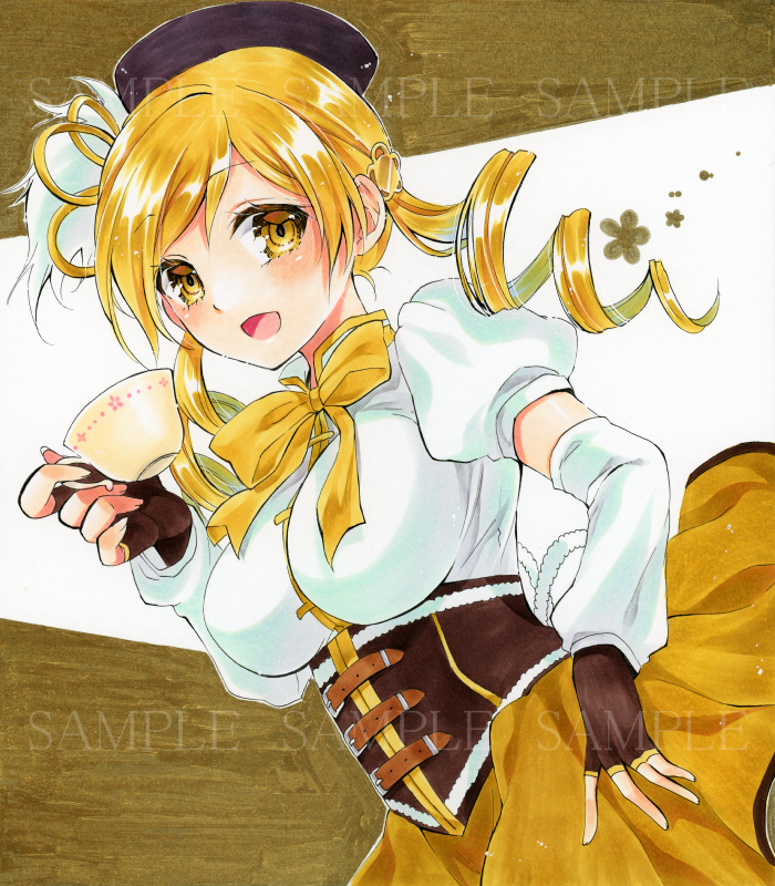 1girl, :d, alto2019, bangs, black_headwear, blonde_hair, brown_background, brown_gloves