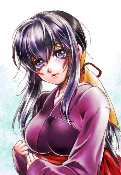 1girl, basilisk_(manga), black_hair, eyebrows_visible_through_hair, hair_between_eyes, hair_ribbon, iga_oboro, japanese_clothes