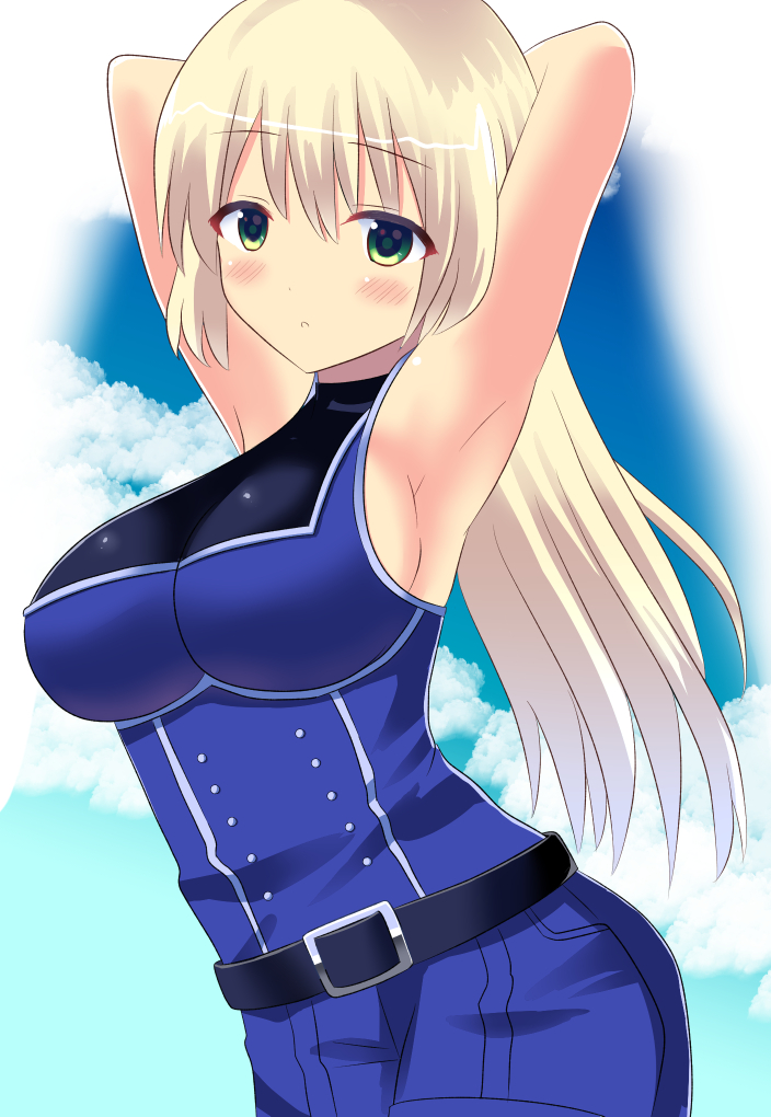 1girl, :o, armpits, arms_behind_head, arms_up, bangs, bare_shoulders, belt