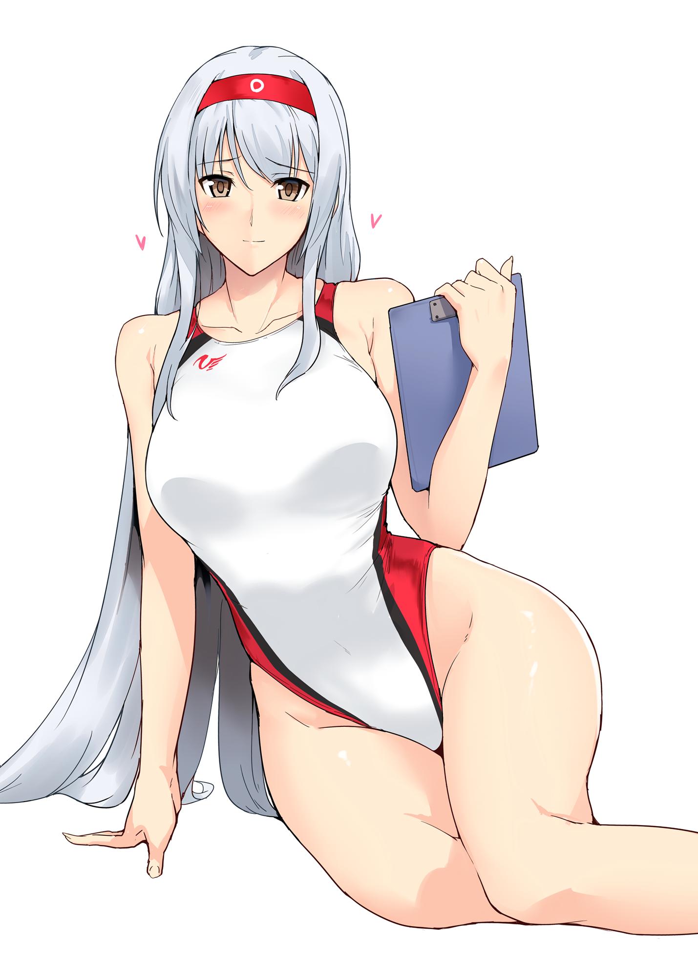 1girl, alternate_costume, arm_support, bangs, bare_arms, bare_legs, bare_shoulders, blush