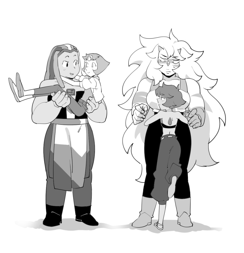 4girls, back, bismuth_(steven_universe), boots, carrying, chest_jewel, cropped_jacket, forehead_jewel