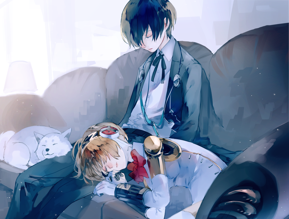 1boy, 1girl, aegis_(persona), android, animal, atlus, black_jacket, black_ribbon