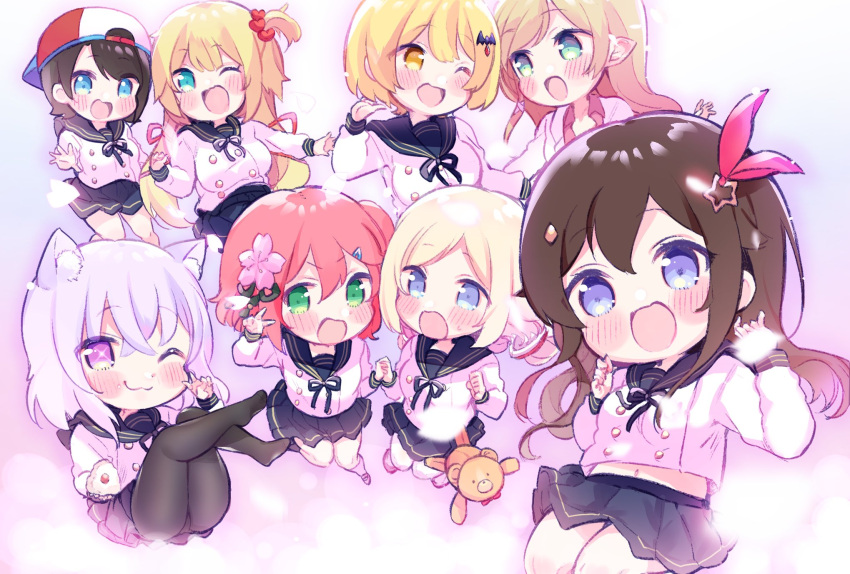 6+girls, akai_haato, aki_rosenthal, alternate_costume, animal_ears, ankimo_(tokino_sora_channel), blonde_hair, blue_eyes
