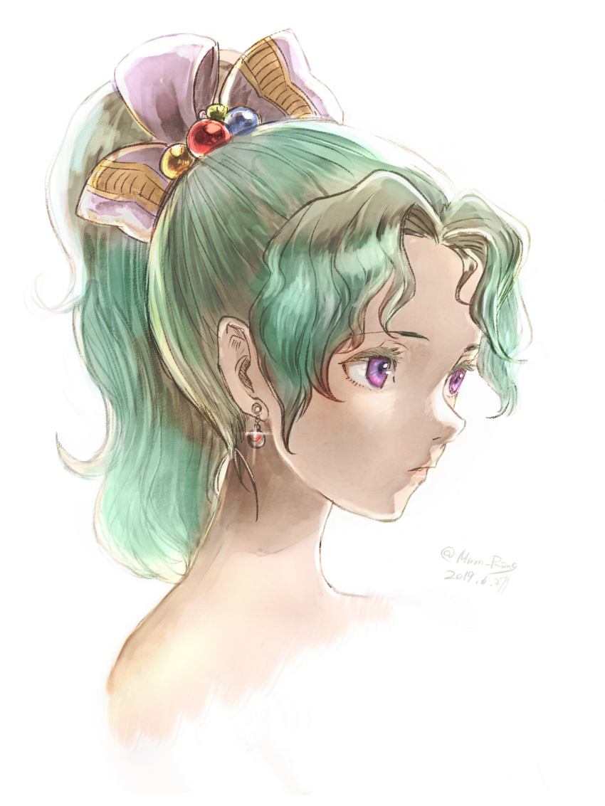 1girl, bare_shoulders, closed_mouth, earrings, final_fantasy, final_fantasy_vi, green_hair, hair_ribbon