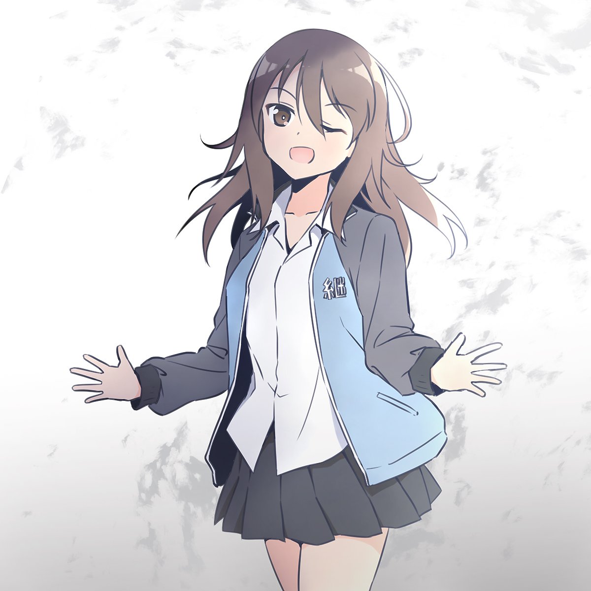 1girl, bangs, black_skirt, bright_pupils, brown_eyes, brown_hair, collarbone, girls_und_panzer
