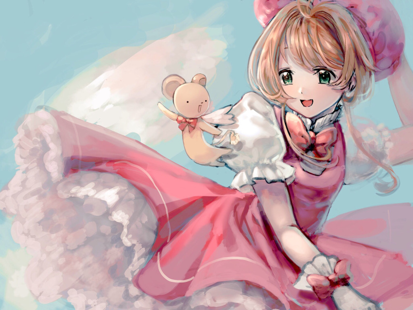1girl, :d, aqua_eyes, arm_up, bangs, blue_sky, bow, bowtie, brown_hair, cardcaptor_sakura, clouds, creature, day, dress, gloves, hair_intakes, hat, highres, kero, kinomoto_sakura, kuroge_(kewagyuu), magical_girl, open_mouth, pink_dress, pink_headwear, puffy_short_sleeves, puffy_sleeves, red_bow, red_neckwear, short_hair, short_sleeves, sky, smile, white_gloves