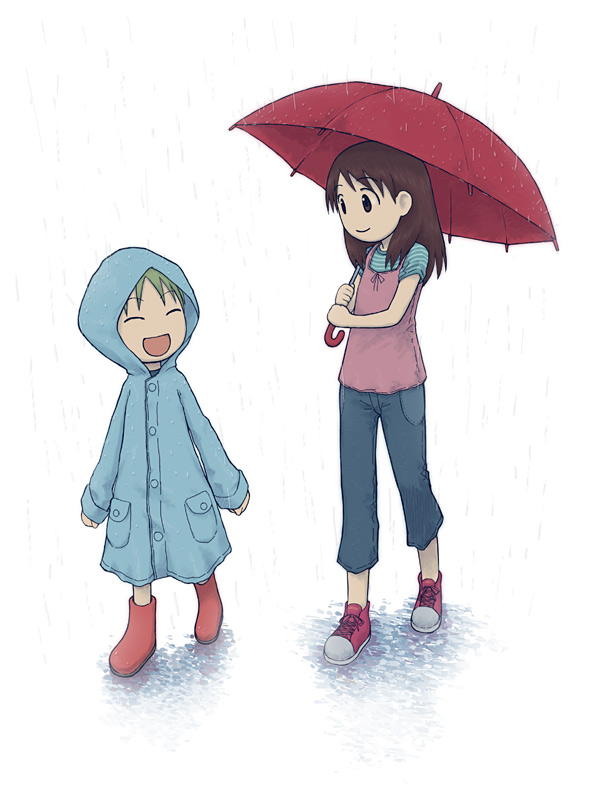emoncake., koiwai_yotsuba, rain, raincoat, rubber_boots, umbrella, yotsubato!
