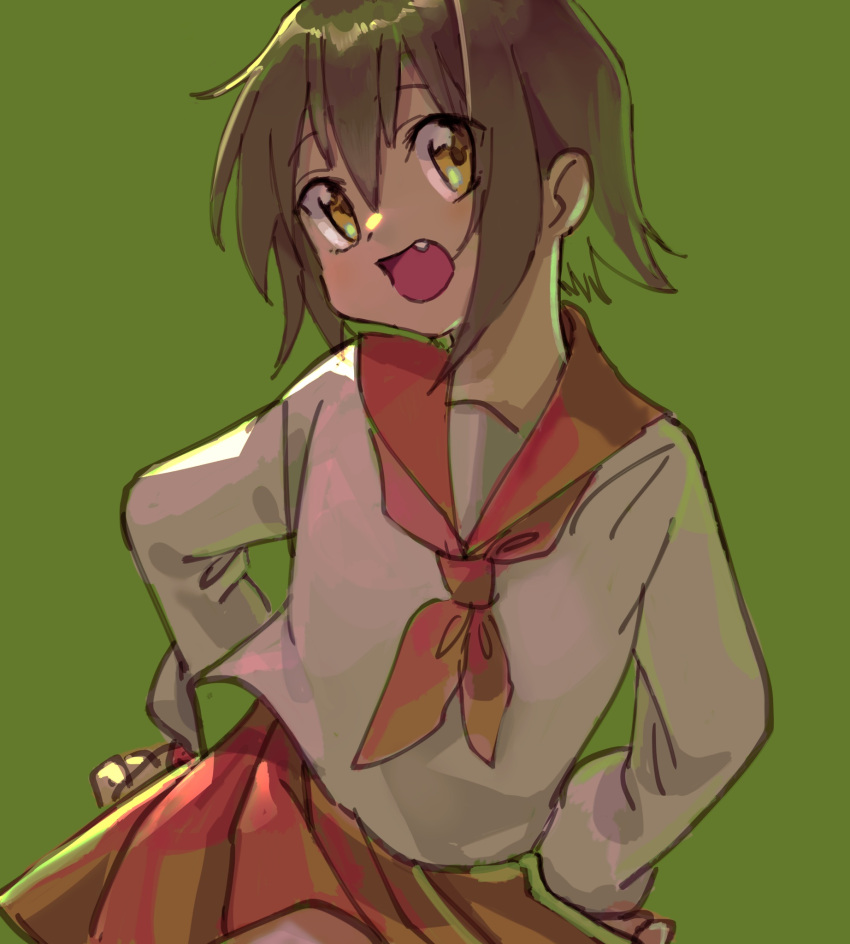 1girl, :d, bangs, brown_hair, fang, green_background, hair_between_eyes, hands_on_hips