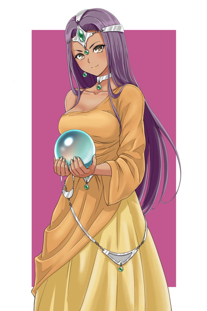 1girl, asymmetrical_clothes, blush, breasts, brown_eyes, choker, circlet, crystal_ball