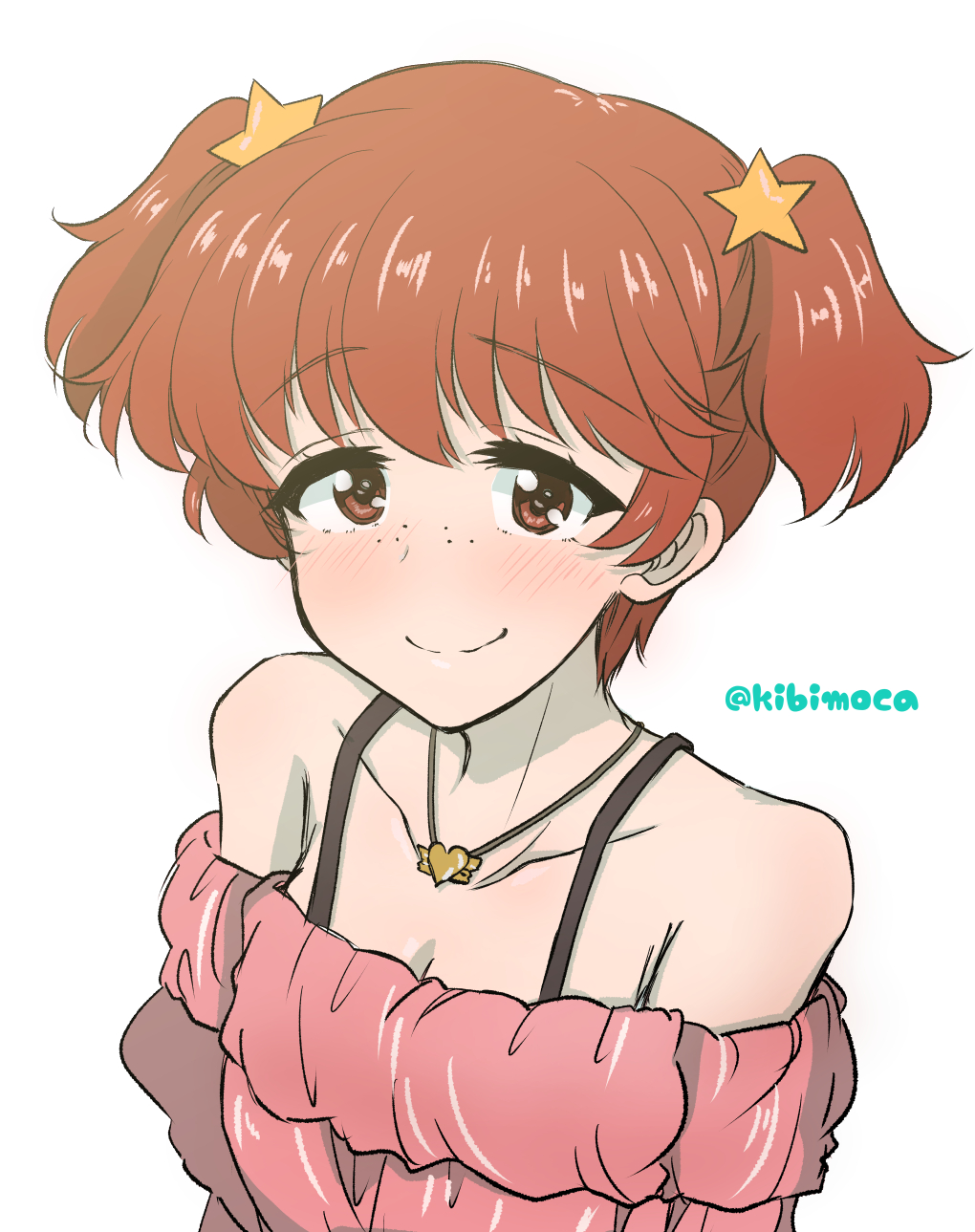 1girl, alisa_(girls_und_panzer), bangs, bra_strap, brown_eyes, brown_hair, casual, closed_mouth, commentary, eyebrows_visible_through_hair, freckles, girls_und_panzer, hair_ornament, heart, heart_necklace, highres, jewelry, kibimoka, light_blush, looking_at_viewer, necklace, off-shoulder_shirt, off_shoulder, shirt, short_hair, short_twintails, simple_background, smile, solo, star, star_hair_ornament, twintails, twitter_username, upper_body, white_background