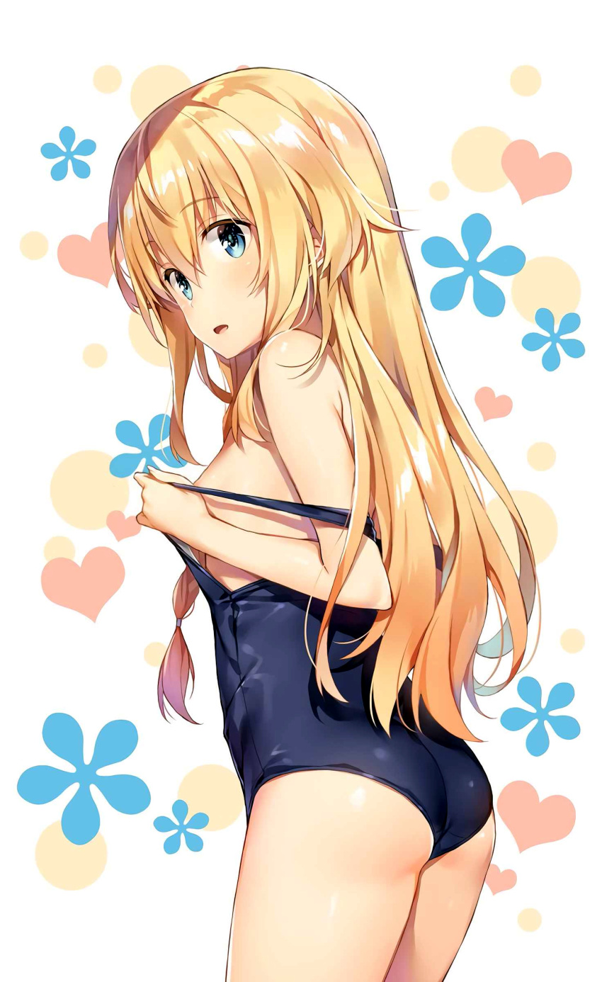 1girl, absurdres, ass, bangs, bare_arms, bare_shoulders, blue_swimsuit, breasts, claire_(konosuba), eyebrows_visible_through_hair, from_behind, heart, highres, kono_subarashii_sekai_ni_shukufuku_wo!, long_hair, looking_at_viewer, looking_back, non-web_source, official_art, one-piece_swimsuit, open_mouth, shiny, shiny_clothes, shiny_hair, shiny_skin, simple_background, small_breasts, solo, swimsuit, swimsuit_pull, thighs, yuuki_hagure