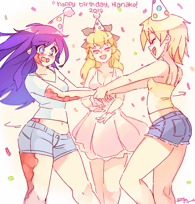 2019, 3girls, :d, ^_^, bare_shoulders, birthday, black_ribbon, blonde_hair