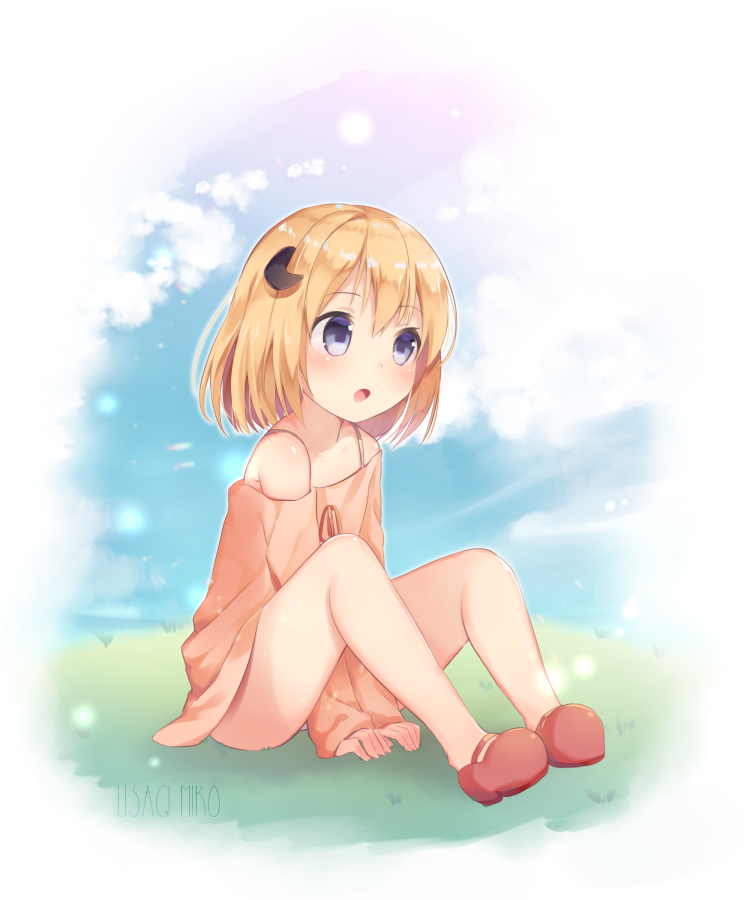 1girl, :o, bangs, bare_shoulders, between_legs, blonde_hair, blue_eyes, blue_sky