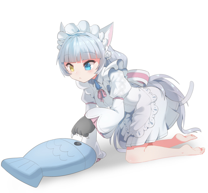 1girl, all_fours, animal_ears, arka91, bangs, barefoot, blue_eyes, blunt_bangs, cat_ears, cat_girl, cat_paws, cat_tail, claws, cs_perrault_(last_origin), dress, flower, grey_hair, hair_flower, hair_ornament, heterochromia, highres, last_origin, long_hair, maid_headdress, paws, rose, solo, stuffed_animal, stuffed_fish, stuffed_toy, tail, very_long_hair, white_dress, white_flower, white_rose, yellow_eyes