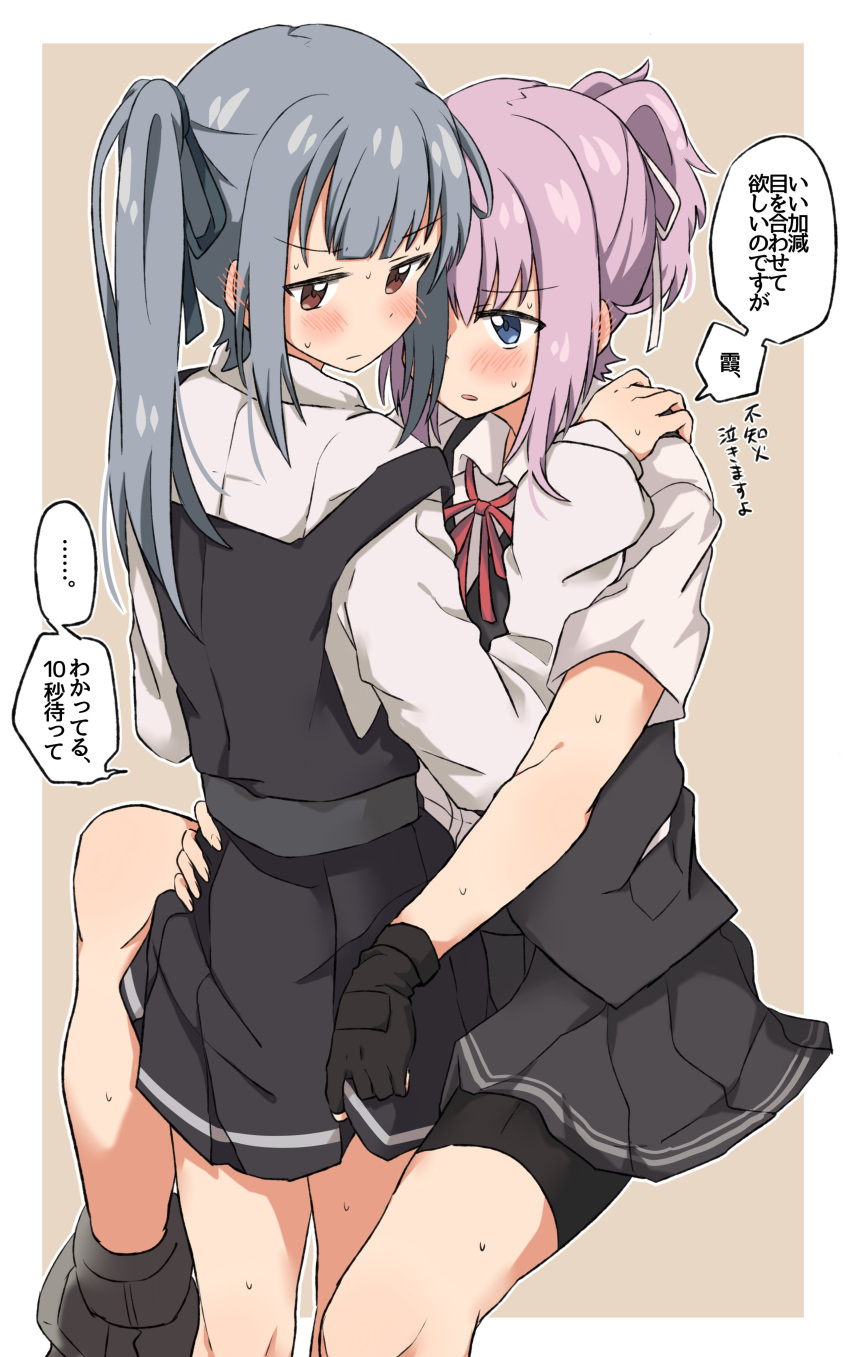 2girls, absurdres, bangs, bike_shorts, black_gloves, blue_eyes, blush, brown_hair