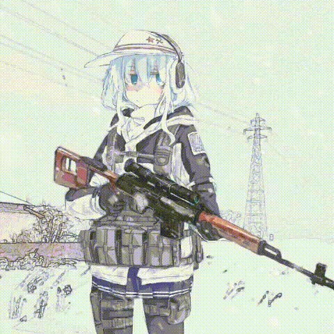 1girl, bangs, black_gloves, black_legwear, blue_eyes, blush, day, dragunov_svd
