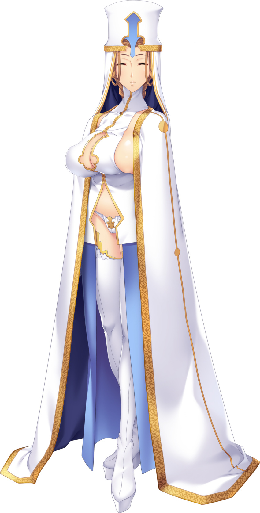 1girl, absurdres, boots, breasts, brown_hair, cleavage_cutout, closed_eyes, eleonora_bern, full_body, hat, highres, hikage_eiji, kuroinu_2, large_breasts, official_art, platform_footwear, robe, sideboob, solo, standing, thigh-highs, thigh_boots, transparent_background, white_legwear