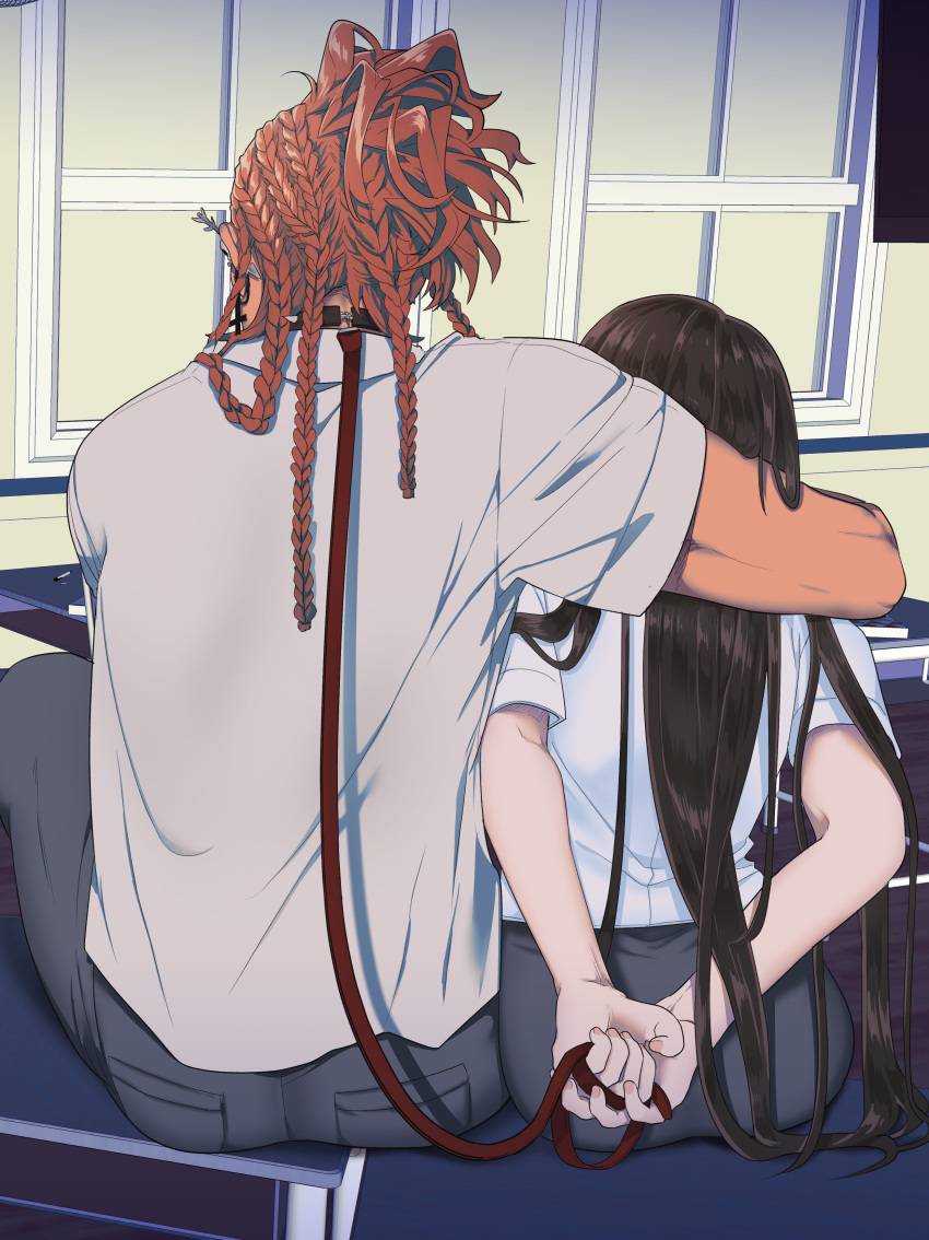 1boy, 1girl, absurdres, arms_around_neck, chair, classroom, collar, desk, hairlocs, highres, indoors, leash, long_hair, mmmbcnn, on_desk, school_desk, school_uniform, shirt, sitting, sitting_on_desk, skirt, white_shirt, window