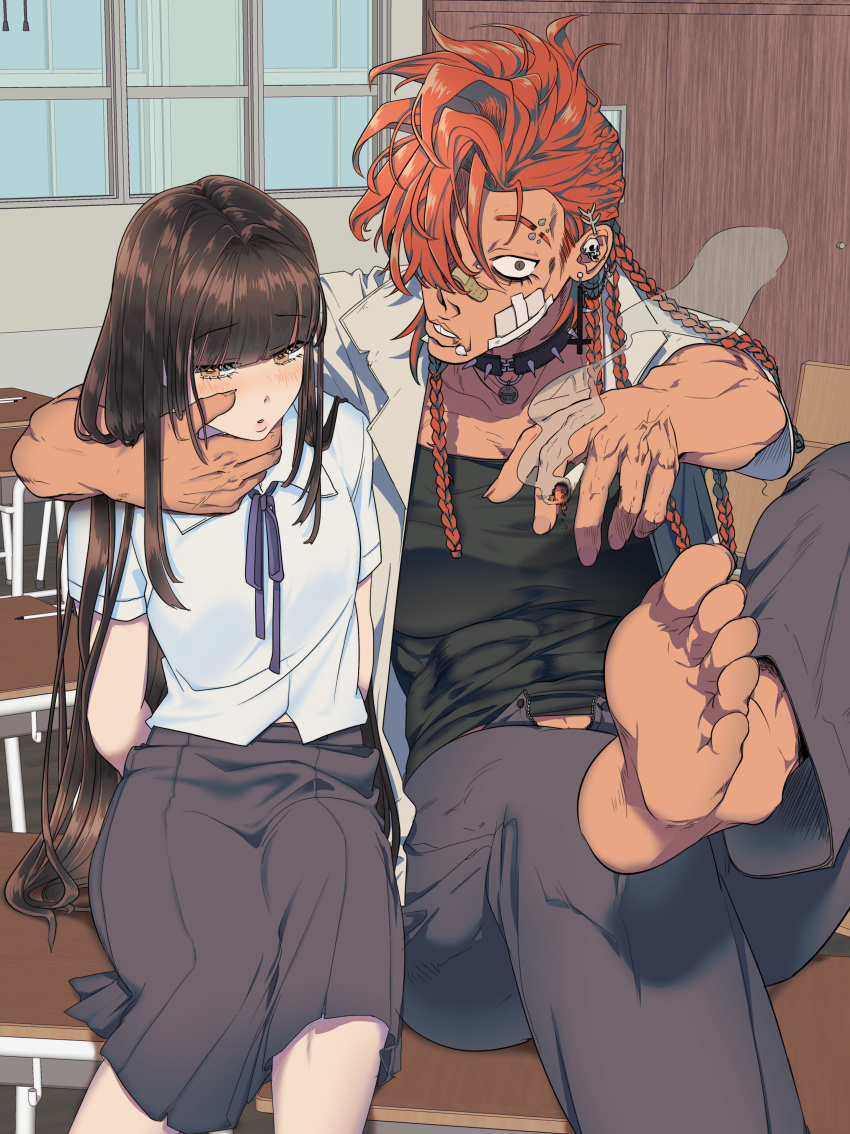 1boy, 1girl, absurdres, arms_around_neck, bandaid, bandaid_on_face, barefoot, blush